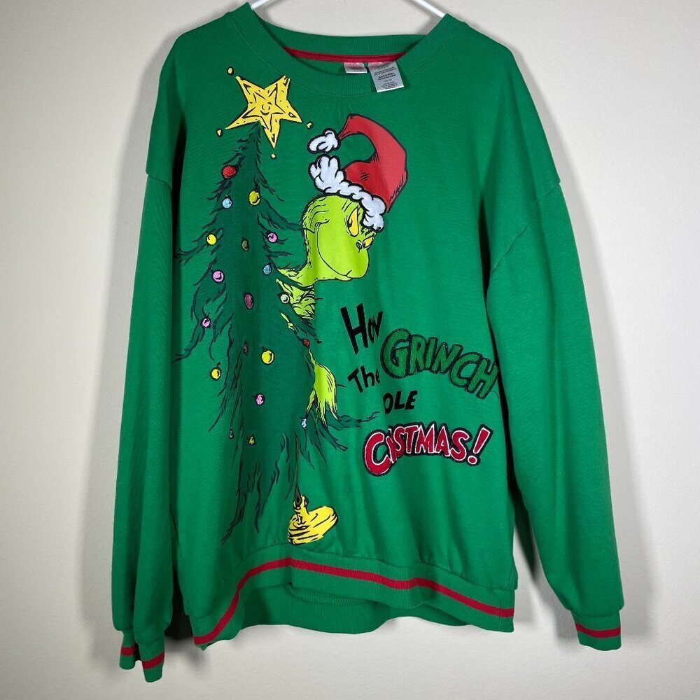 The Grinch Green Adult Sweater Embroidered with Tree XXL Cotton Blend!